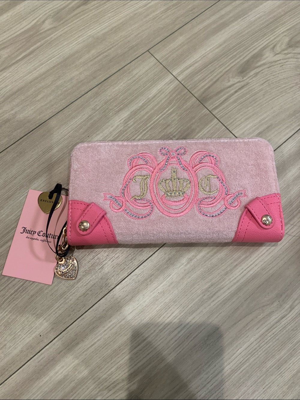 Large Juicy Couture Pink Embroidered Crest Zip-Around Wallet